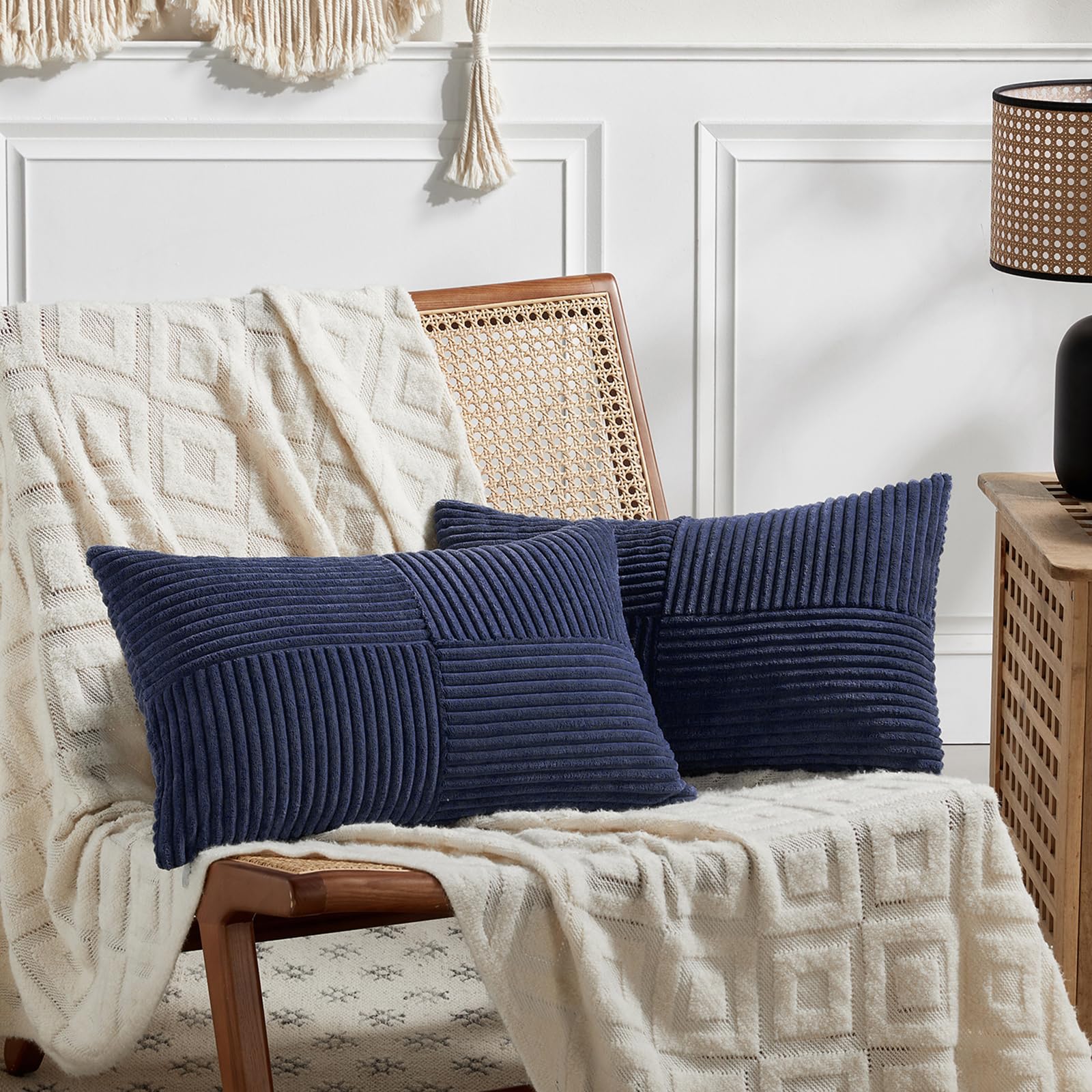 FDTERN Decorative Throw Pillow Covers 16 x 28 Inch for Living Room Couch Bed, Rustic Farmhouse Boho Home Decor, Soft Striped Corduroy Accent Cushion Case, 40 x 70 cm (Pack of 2), Navy Blue โ image 1
