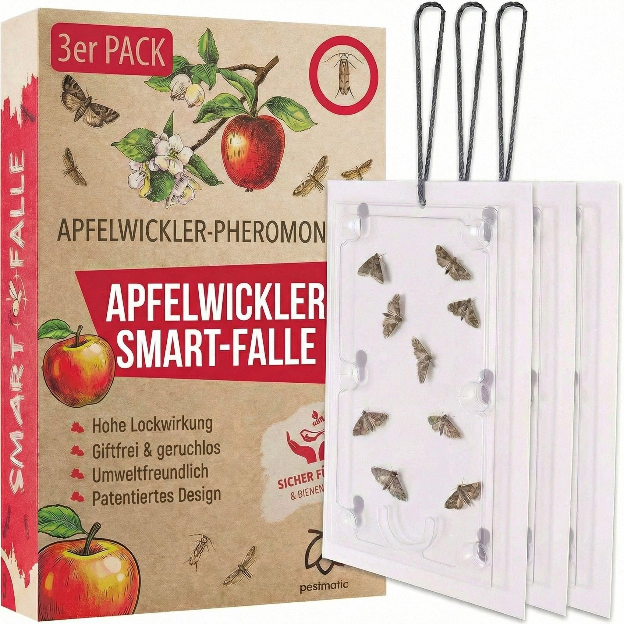 Pestmatic Apfelmotten falle x3, Mottenfalle, Apfelmadenfalle für Obstbäume, Pheromonfalle sicher für Vögel & Bestäuber, natürlicher Apfelschutz, Apfelwickler bekämpfen, Obstmadenfalle, Madenbekämpfung