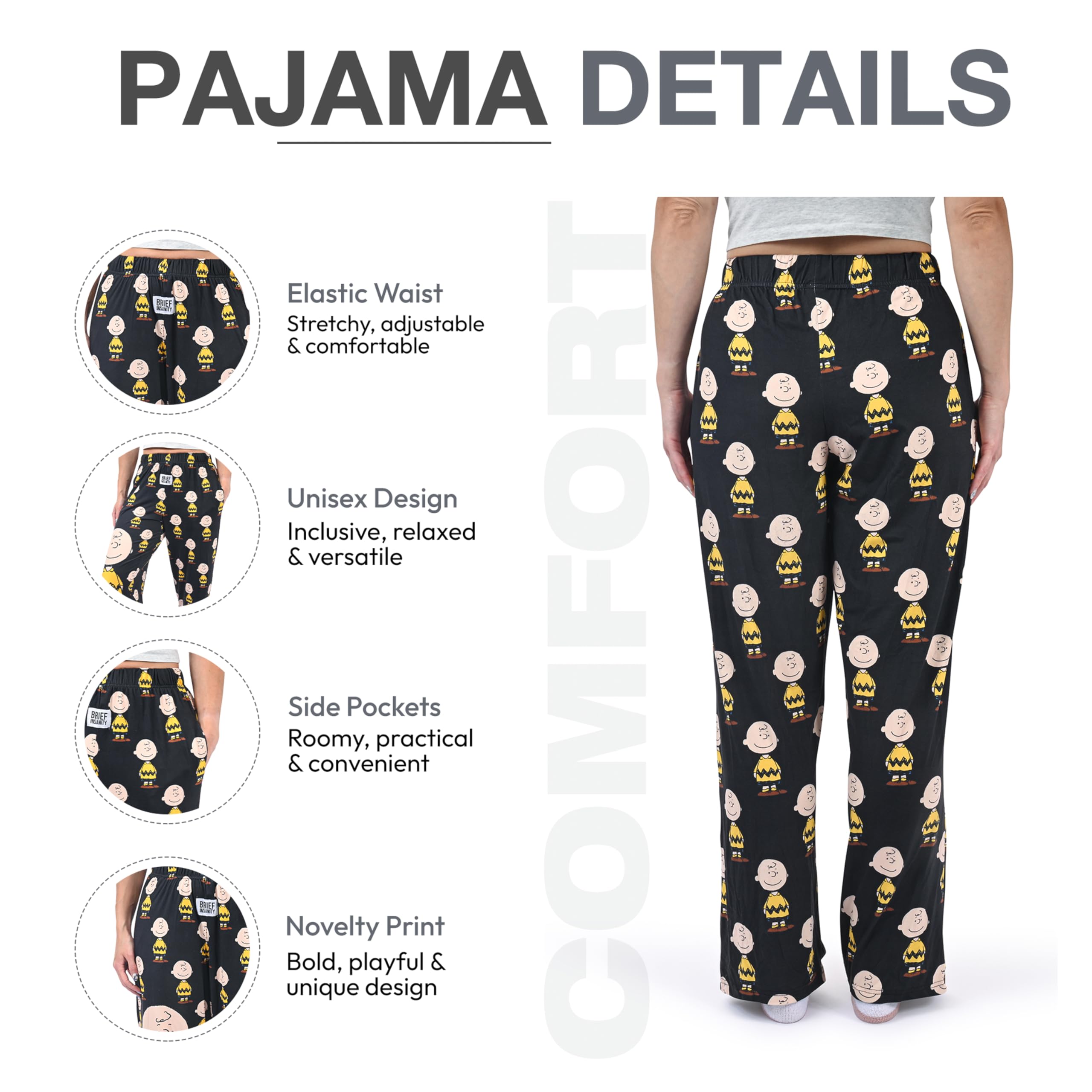 BRIEF INSANITY Charlie Brown Pajama Pants - Women's and Men's Peanuts Character Print Comfy Ultra-Soft Cartoon Pj Pants