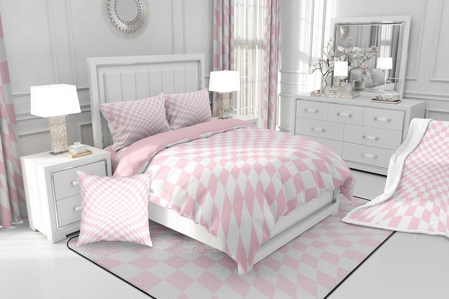 Pink White Grid Duvet Cover Set Toddler Size,Abstract Art Checkered Pattern Reversible Quilt Cover for Kids Boys Girls 3D Style Visual Space Geometric Bedding Set with 1 Pillowcase,No Comforter