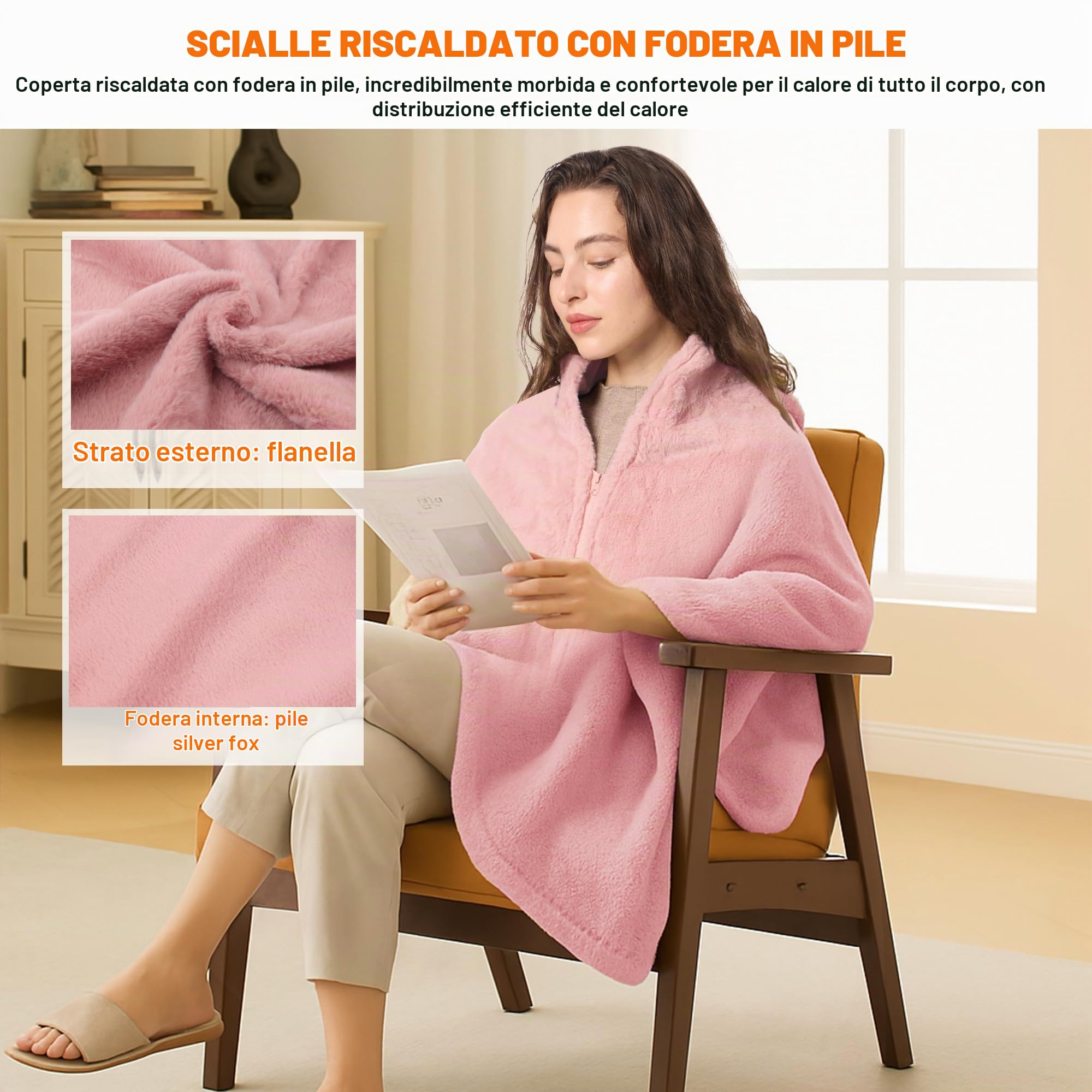 Coperta Riscaldante Elettrica Senza Fili 160x90 cm, Flanella Sciarpa Riscaldata con Batteria 16000 mAh, 6 Zone di Riscaldamento, 3 Livelli di Temperatura per Casa, Ufficio, Auto e Campeggio