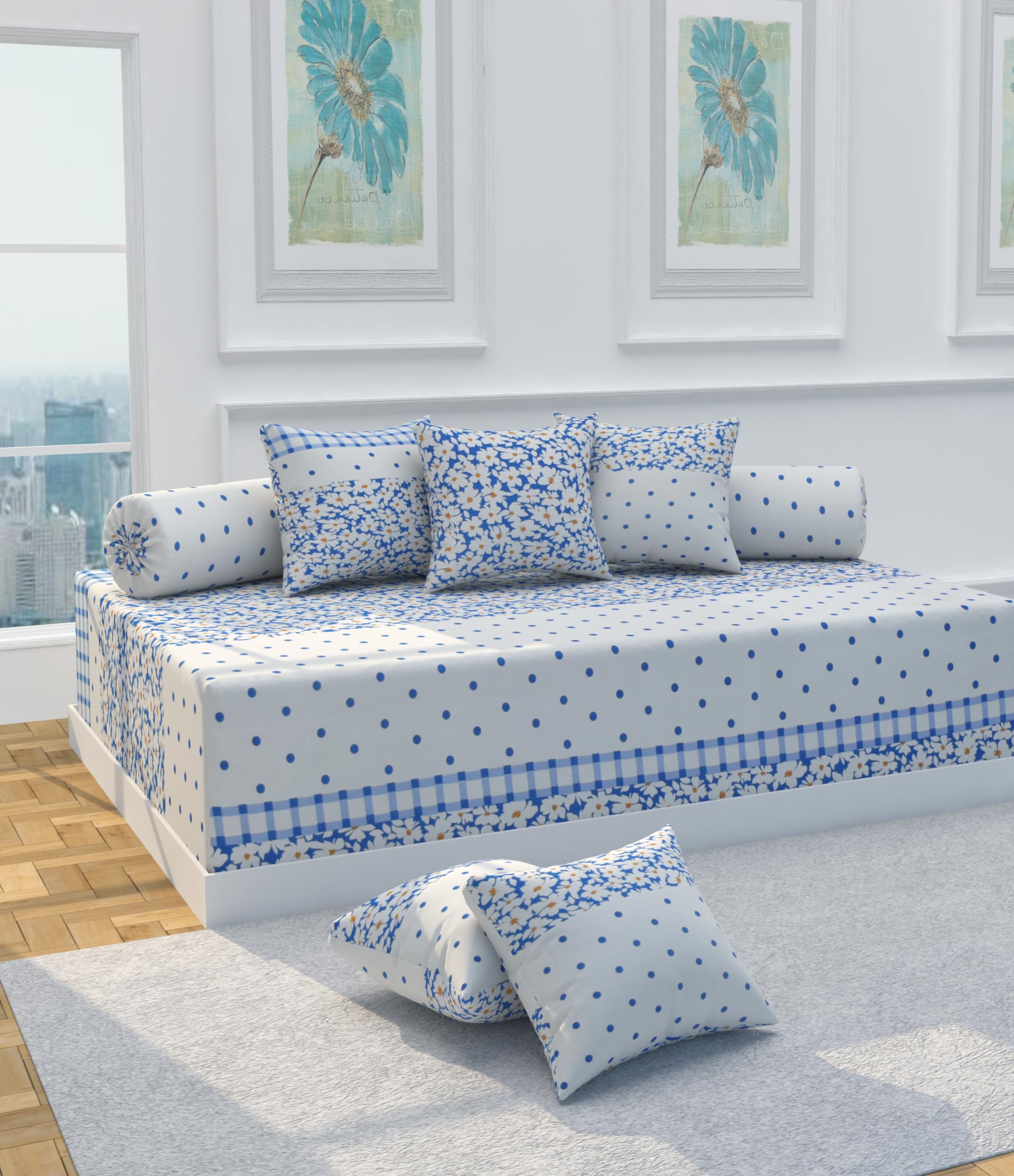 VOMZER Diwan Set Covers Cotton 8 Pieces Cotton Feel Designer Printed Diwan Set (1 Single Bedsheet, 2 Bolster Covers, 5 Cushion Covers) White Lily-picture-10