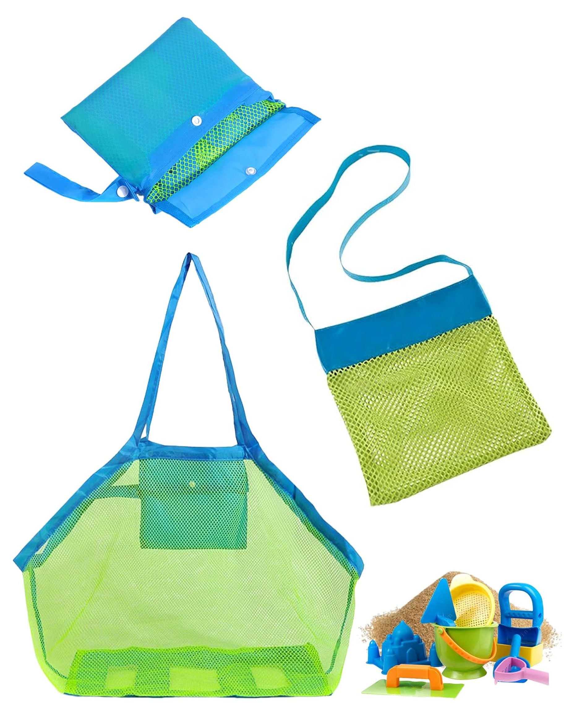 Bolsa de Malla de Playa de Poliéster 2 Unidades,Tamaño Grande y Pequeño,Bolsa Plegable Portátil Reutilizable para Almacenar Juguetes de Playa para Niños