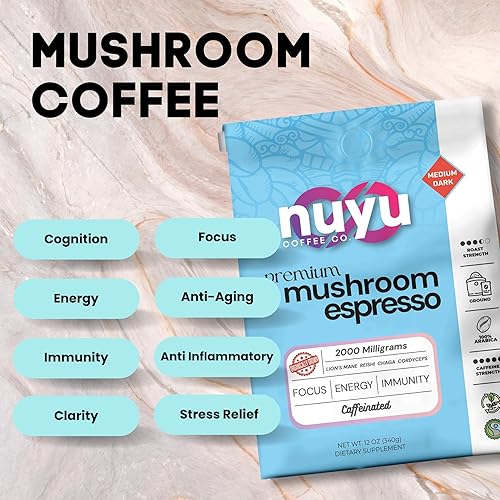 Miniatura 5 de Nuyu Café de hongos premium, 12 onzas, expreso fino molido 100% arábica, 2000 mg hongos funcionales, melena de león, Reishi, Chaga, Cordyceps para
