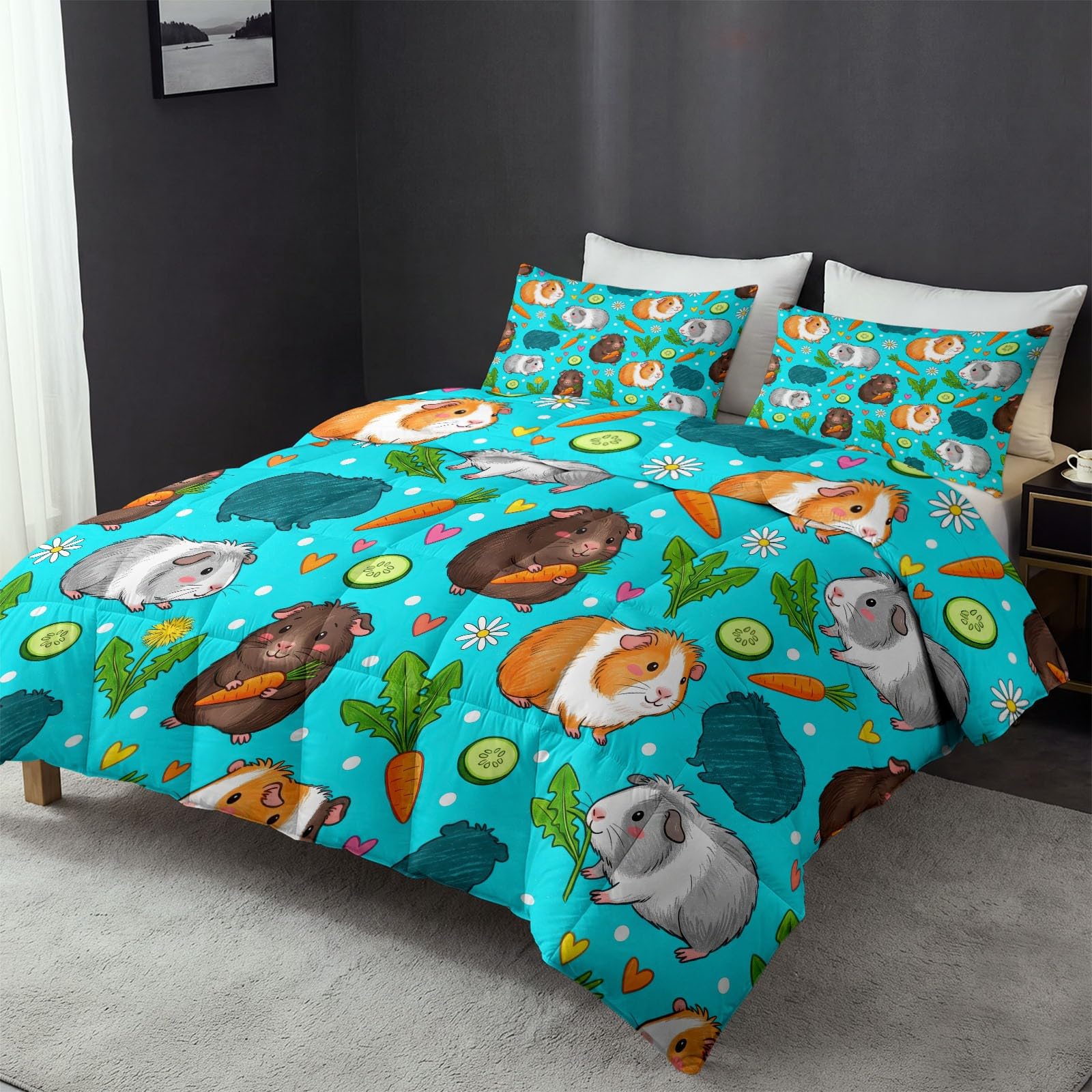 Edredón para mascotas 4 estaciones, color verde azulado, con cobaya, reversible, cálido, con 2 fundas de almohada, 155 x 220 cm, algodón lavable, suave, para todo el año, sin funda