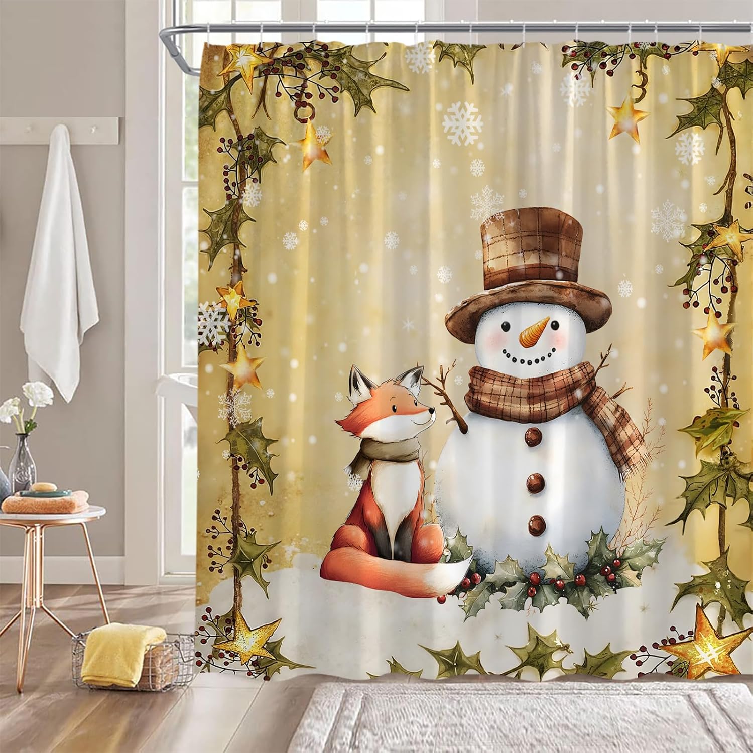 Christmas Snowman Shower Curtain 78" Wx70 H,Vintage Fox with Snowmans Snowy Xmas Retro Winter Holiday Fabric Bathroom Decor Curtains with Hooks,