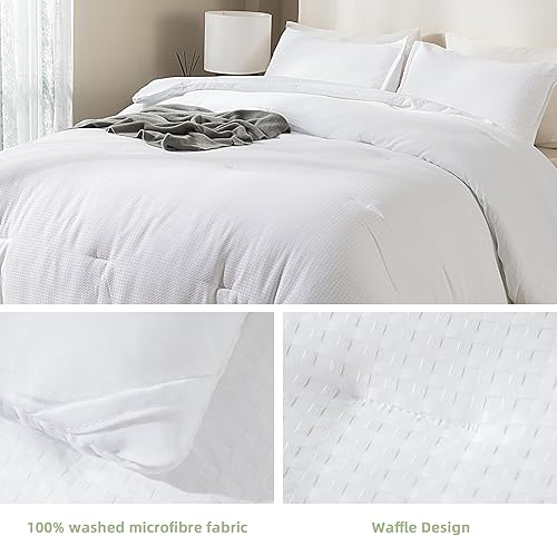 Miniatura 6 de Andency Juego de edredón blanco tamaño matrimonial, juego de edredón de 3 piezas de gofre para todas las estaciones, juego de edredón ligero y suave