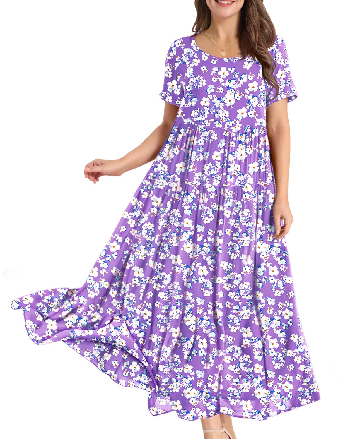 YESNO Damen Kleider Freizeit Lose Sommerkleid Lang Boho Maxikleid für Rundhals Strandkleid Blumenkleid EJFDE