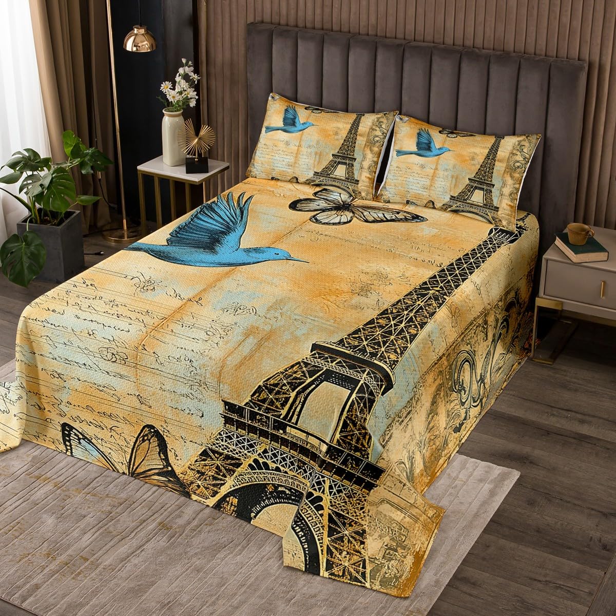 Manfei Eiffel Tower Quilts Set for Kids,Farmhouse Old Newspaper Print 2Pcs Bedspread Bedding Set,Butterfly Pigeon Bed Cover Set,Vintage Country Decor Bedspread Coverlet with 1 Pillowshams (Twin Size)