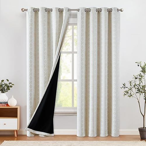 COLLACT Cortinas bohemias de lino para sala de estar, 96 pulgadas de largo, con patrón geométrico de rayas azules, cortinas rústicas que filtran la