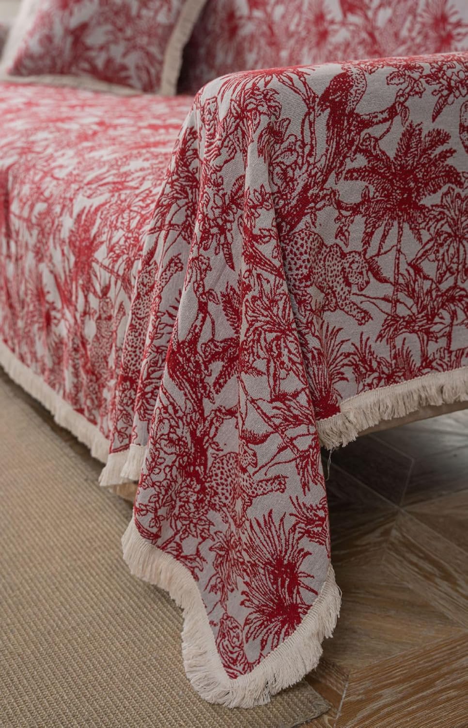 Red Boho Sofa Cover with Palm Tree Jacquard - Premium 3-Layer Fabric (50% Polyester 30% Linen 20% Cotton) for Couches, Sectionals, Chairs - Reversible Decorative Throw with White Fringe