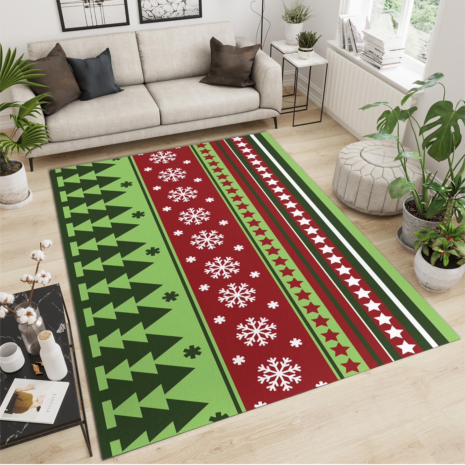 QDJKBL Area Rugs 70 x 140 cm Merry Christmas Holiday Decoration, Red Green Cartoon Pine Tree Five-Pointed Star Rug Pad, Non-Slip Mat Soft Feel Easy to Clean for Cafe Office Door Mats Porch
