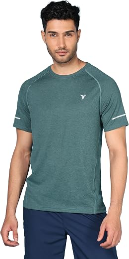 TECHNOSPORT Men Melange Slim Fit Round Neck T-Shirt with Double Cool (Navy) Gym T Shirt for Men Sports Tee for Him Male Po...