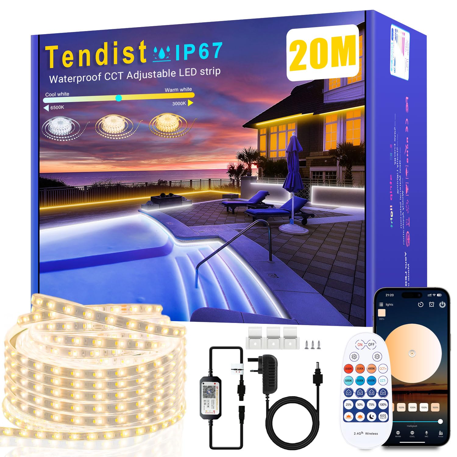Outdoor Led Strip Lights Waterproof Warm White Led Strip, IP67 Dimmable White Rope Lights with APP & Remote, 24V 3000K to 6500K Self Adhesive Smart Light for Outdoor Garden, Balcony, Patio (20M)