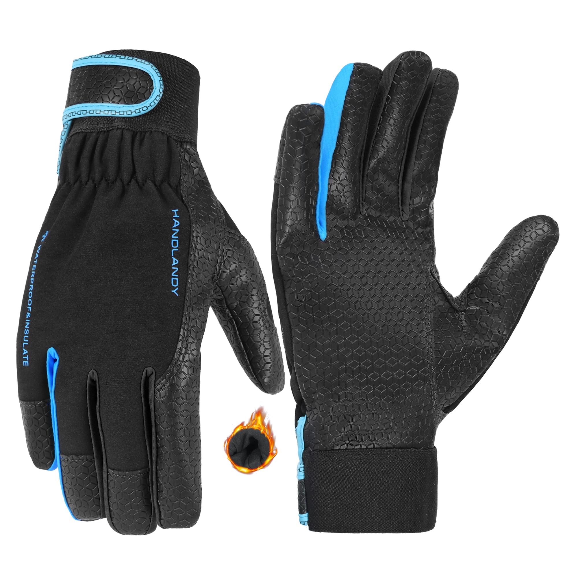 HANDLANDY Men Thermal Winter Leather Work Gloves, Waterproof Cold Weather Working Gloves for Driving, Hiking, Running, Outdoor Work (Black-Blue, M)