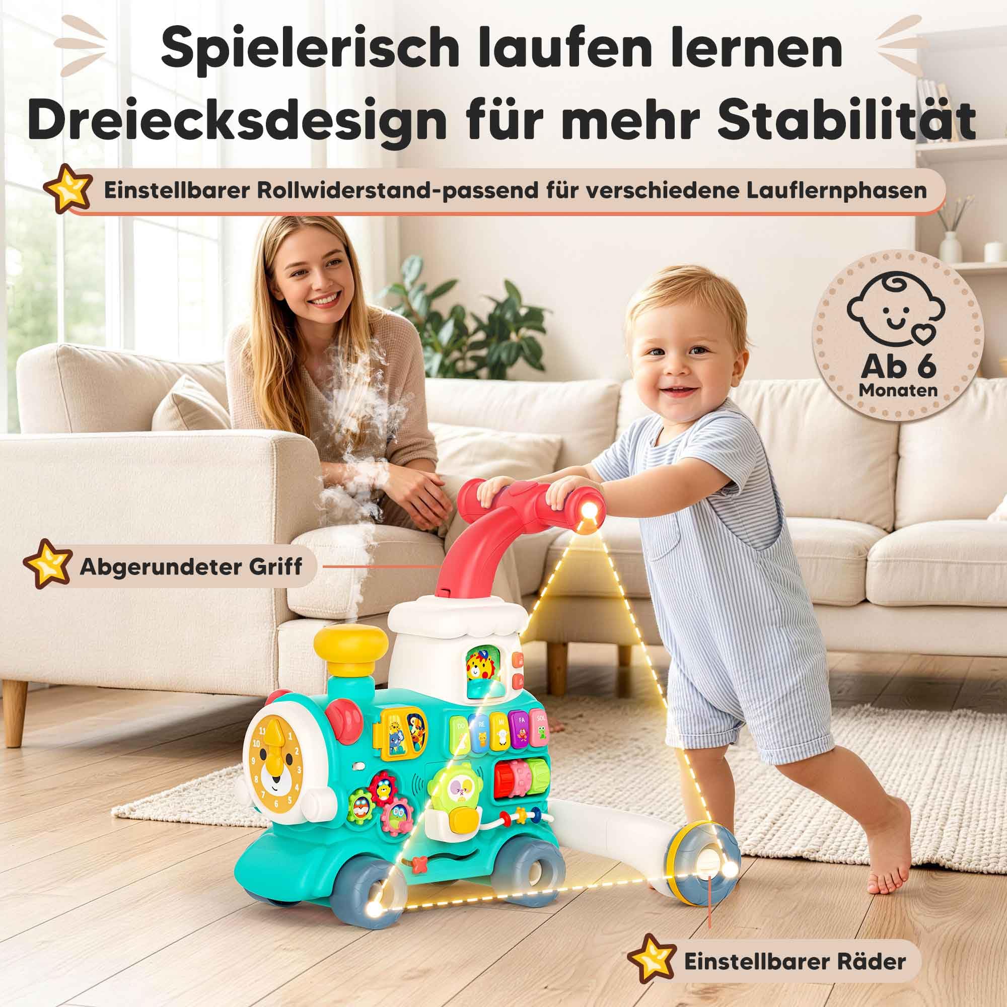 5in1 multifunktionaler Lauflernwagen ab 6 Monaten, Baby Walker Zug mit Aktivitätszentrum, Musik und Sprühfunktion, interaktive Lauflernhilfe, Schiebespielzeug, Motorik- und Lernspielzeug