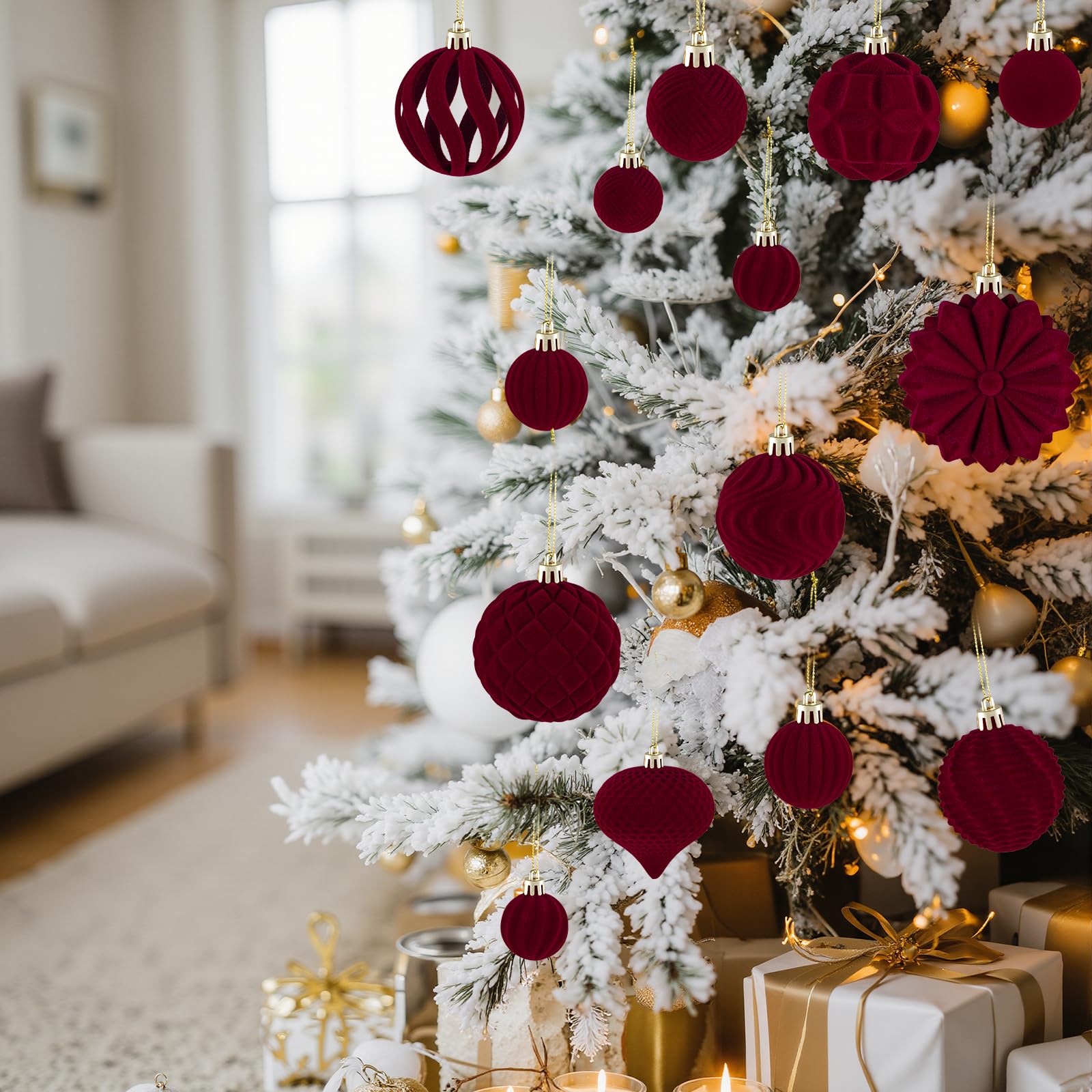 48 piezas de bolas de Navidad de terciopelo burdeos, bolas para árbol de Navidad, decoración para árbol de Navidad, adornos para árbol de Navidad, bolas de Navidad, decoración navideña, bolas de