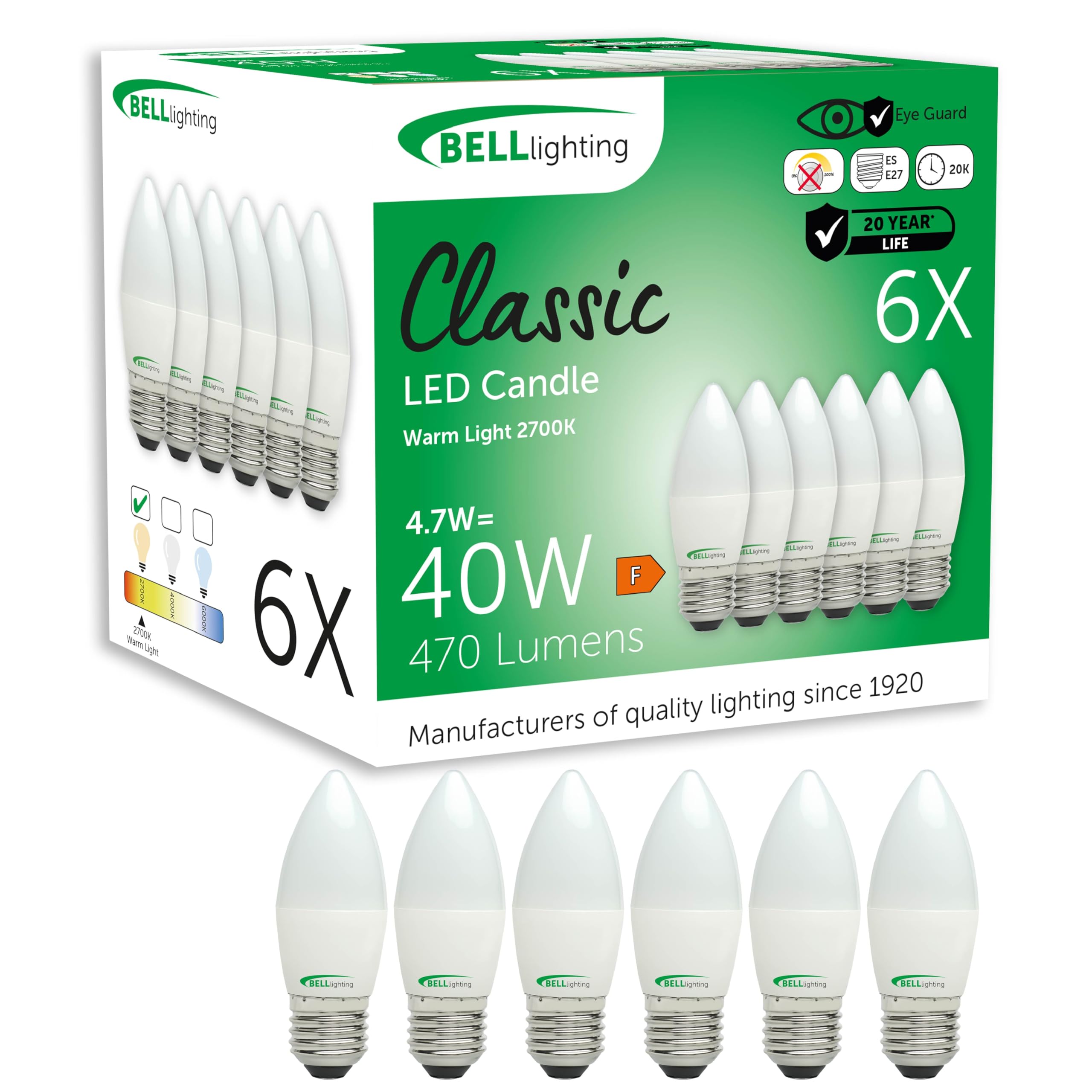 BELL Lighting E27 Screw Fitting Candle Bulb LED 6 Pack, Warm White - 2700k