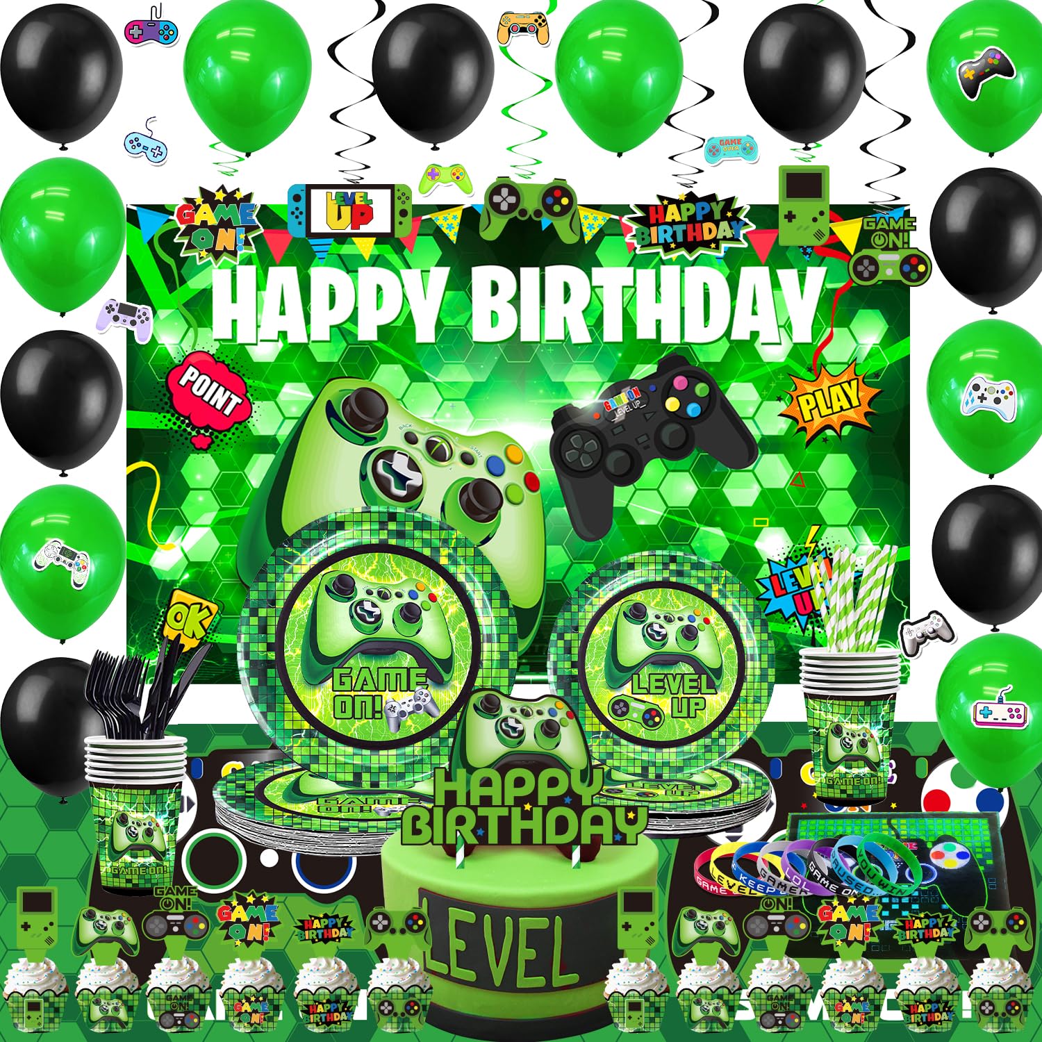 Green Gamer Birthday Party Decoration - 217Pcs Video Game Gaming Party Supplies For Boys Birthday Party - Backdrop, Table Cover, Plates, Cups, Napkins
