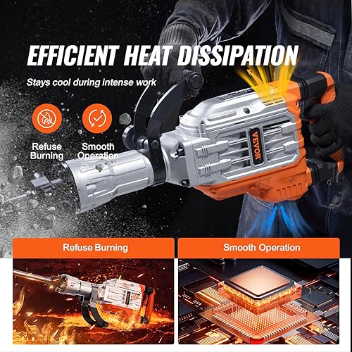 Miniatura 6 de VEVOR Martillo de demolición, martillo Jack Hammer MAX 3500W, martillo de hormigón, martillo eléctrico resistente de 1900 BPM, cincel de 2 piezas