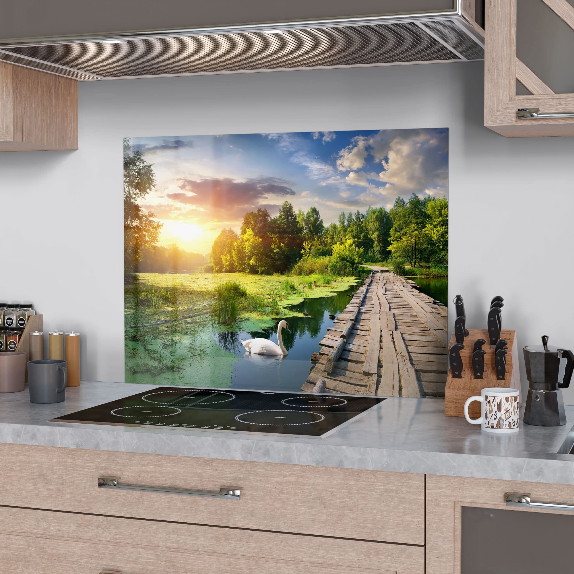 DEQORI Szklana tylna ścianka kuchenna, idylliczny design jeziora, 80 x 60 cm, tylna ścianka łazienki lub kuchenki, ochrona przed rozpryskami płyt kuchennych, do kuchni i łazienki, nowoczesna dekoracja do luster z płytkami
