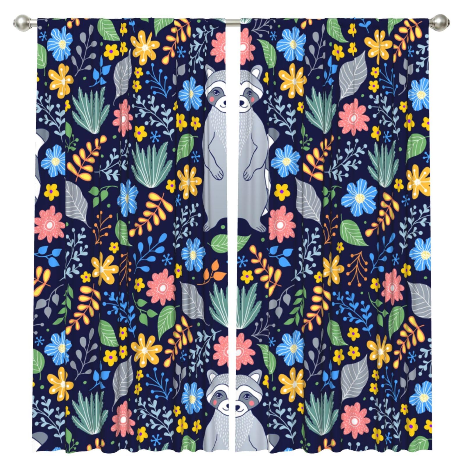 InOmak Raccoon And Tropical Flowers, 2 Panels Window Curtains 52 x 84 Inch Blackout Curtains for Living Room Bedroom