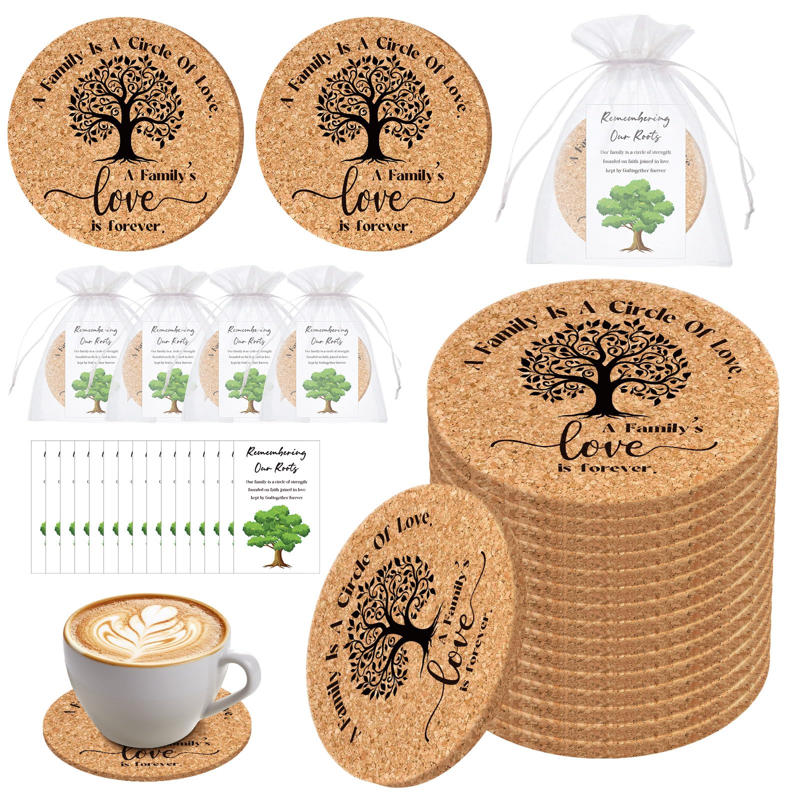 Set di 50 sottobicchieri in sughero assorbenti con scritta "A Family is a Circle of Love", con biglietti regalo e sacchetti regalo in organza, per riunioni di famiglia