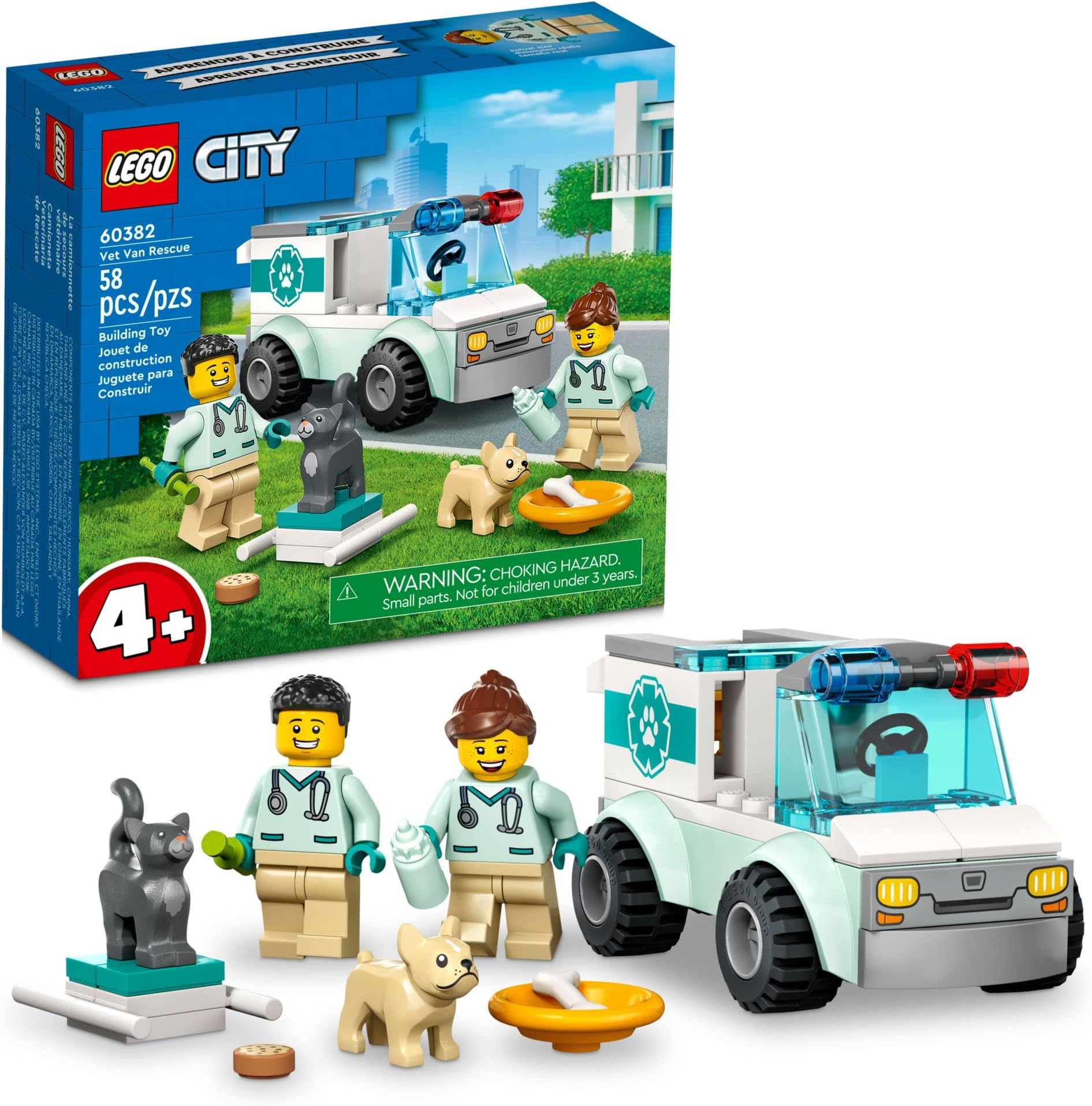 City Vet Van Rescue 60382, Toy Animal Ambulance, Learning Toy Playset for Kids 4 Plus Years Old with 2 Veterinary Minifigures, Dog & Cat Figures