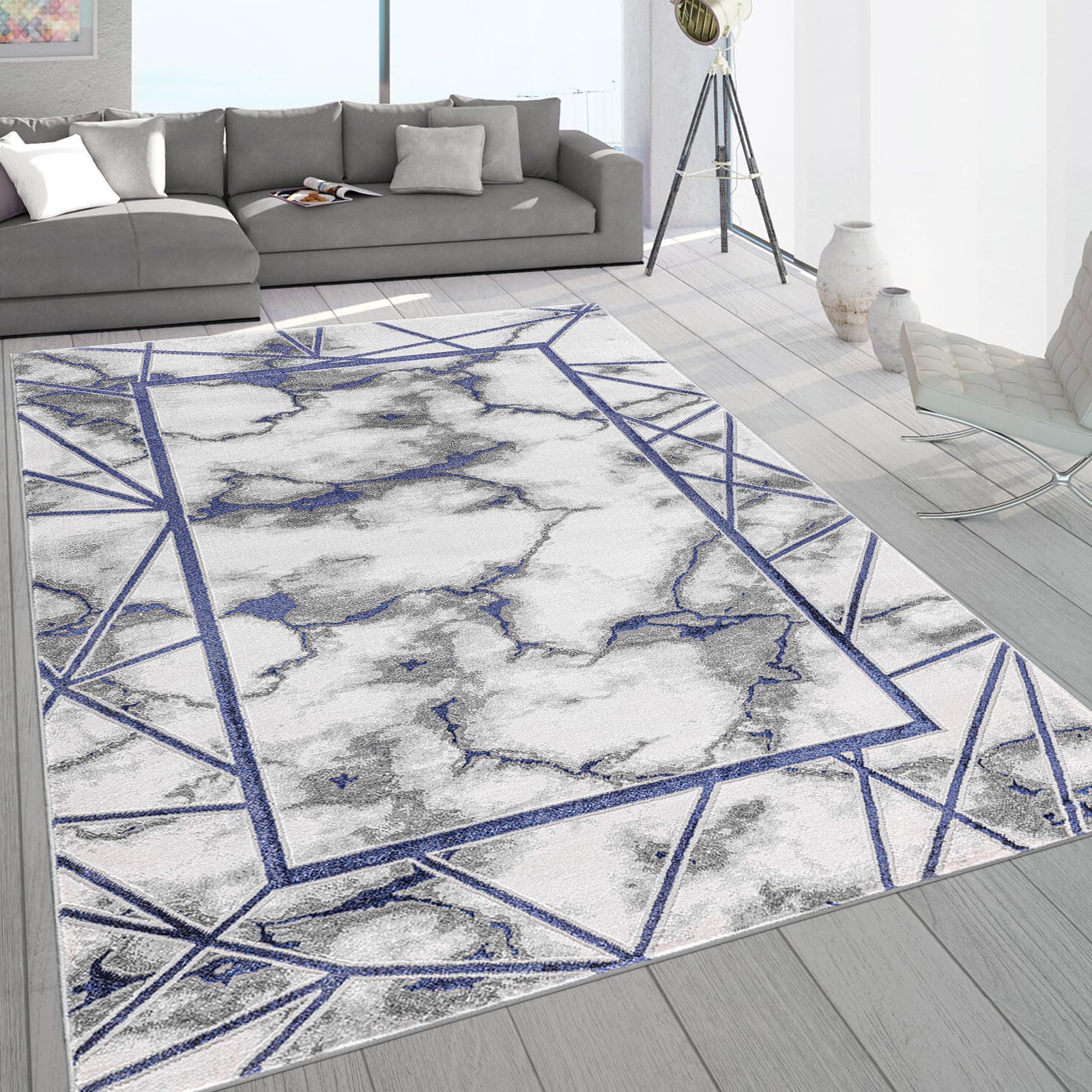 renoazul® Cozy Dense Pile Abstract Rugs For Living Room With Jute Backing - Kiens Marble Rug - 160 x 230 cm - Blue - Washable Living Room Rugs - Ideal For Lounge Rug, Fireside & Dining Room.