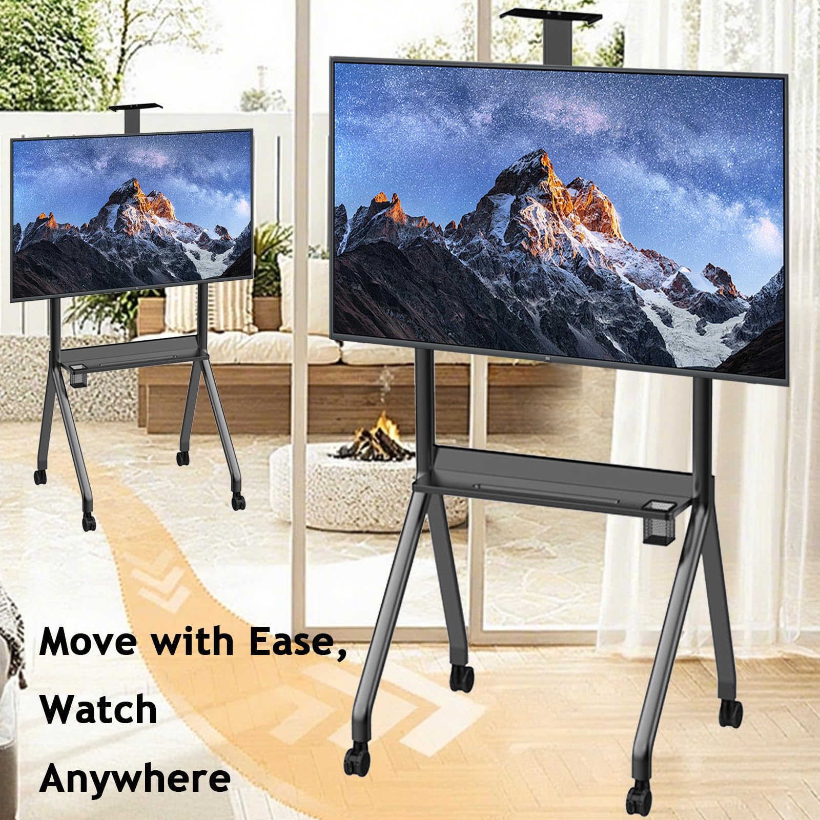 Soporte móvil para TV con ruedas, carrito rodante con altura ajustable, soporte de TV para televisores LED/LCD/OLED de 42 a 120 pulgadas, soporta hasta 150 kg, perfecto para el hogar u oficina