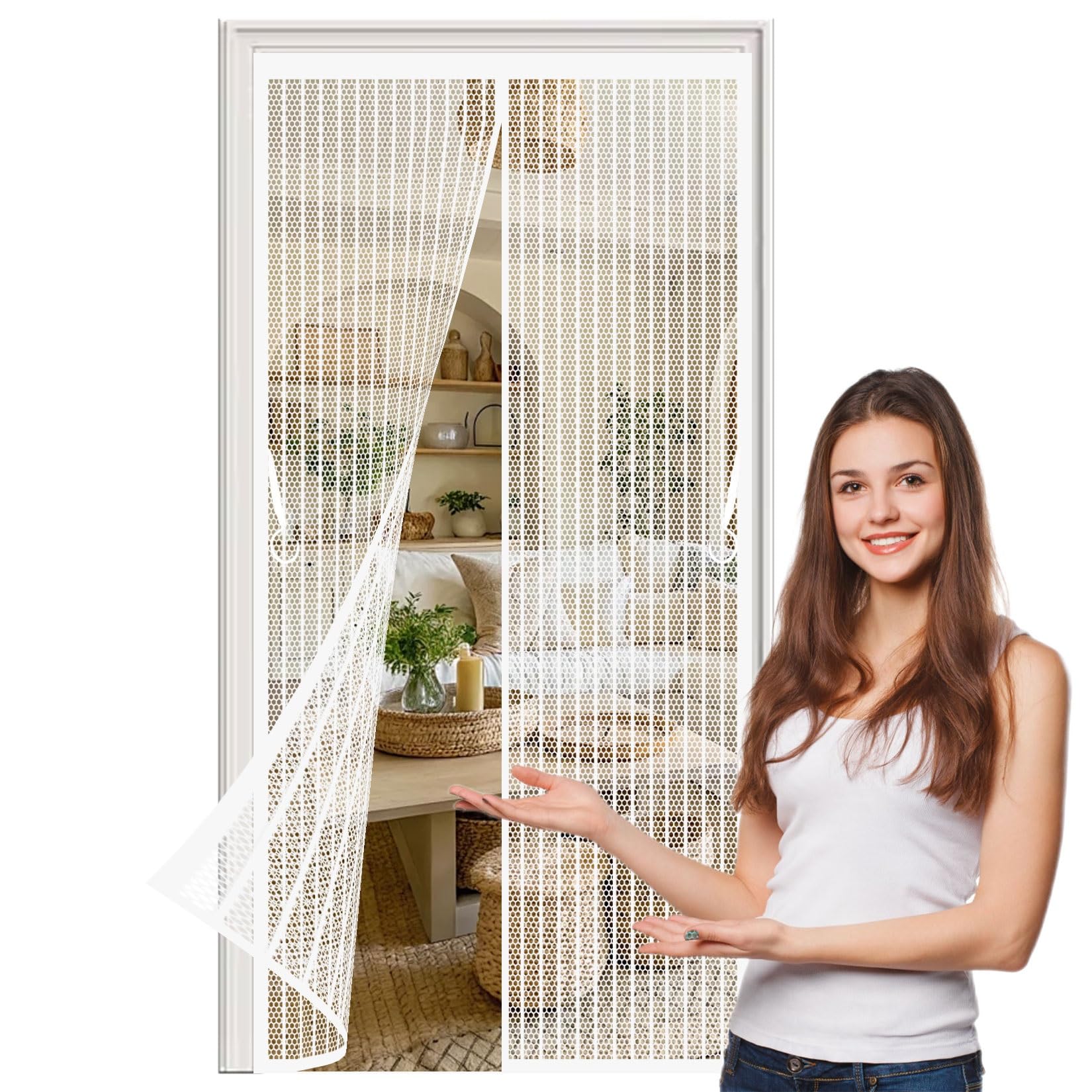 Magnetic Screen Door 122 x 185 cm Frame Hook & Loop, Powerful Magnets Magnetic Fly Screens No Drill Installation, Keep Bugs Out Pet and Kid Friendly, White