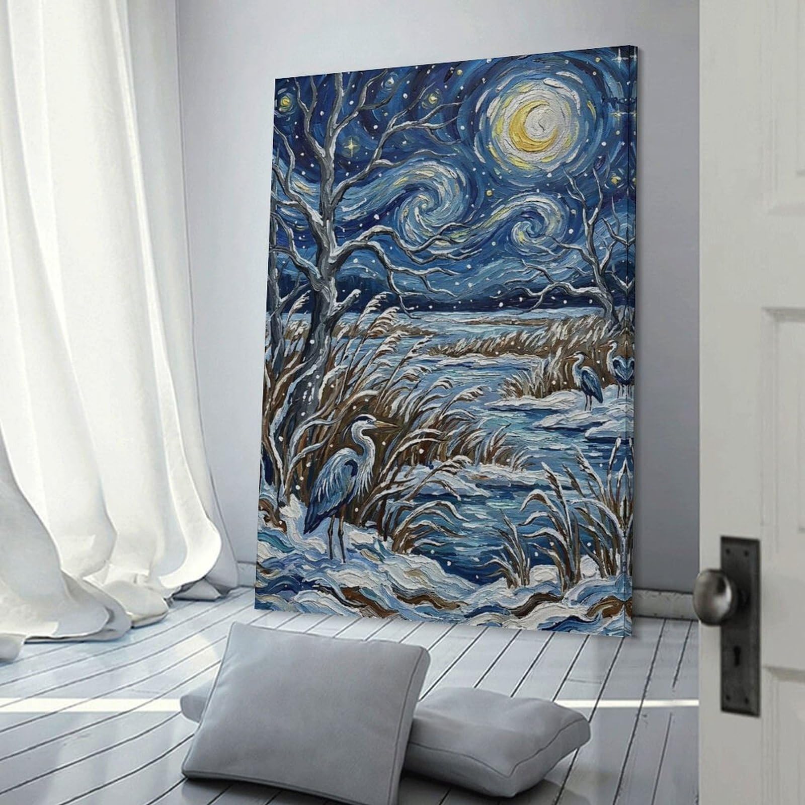 Junmoney Herons in A Snowy Starry Night Landscape Wall Art Print, 24x36inch(60x90cm), for Study, Office Or Focused Interiors, Home Office Artwork with Decorative Appeal