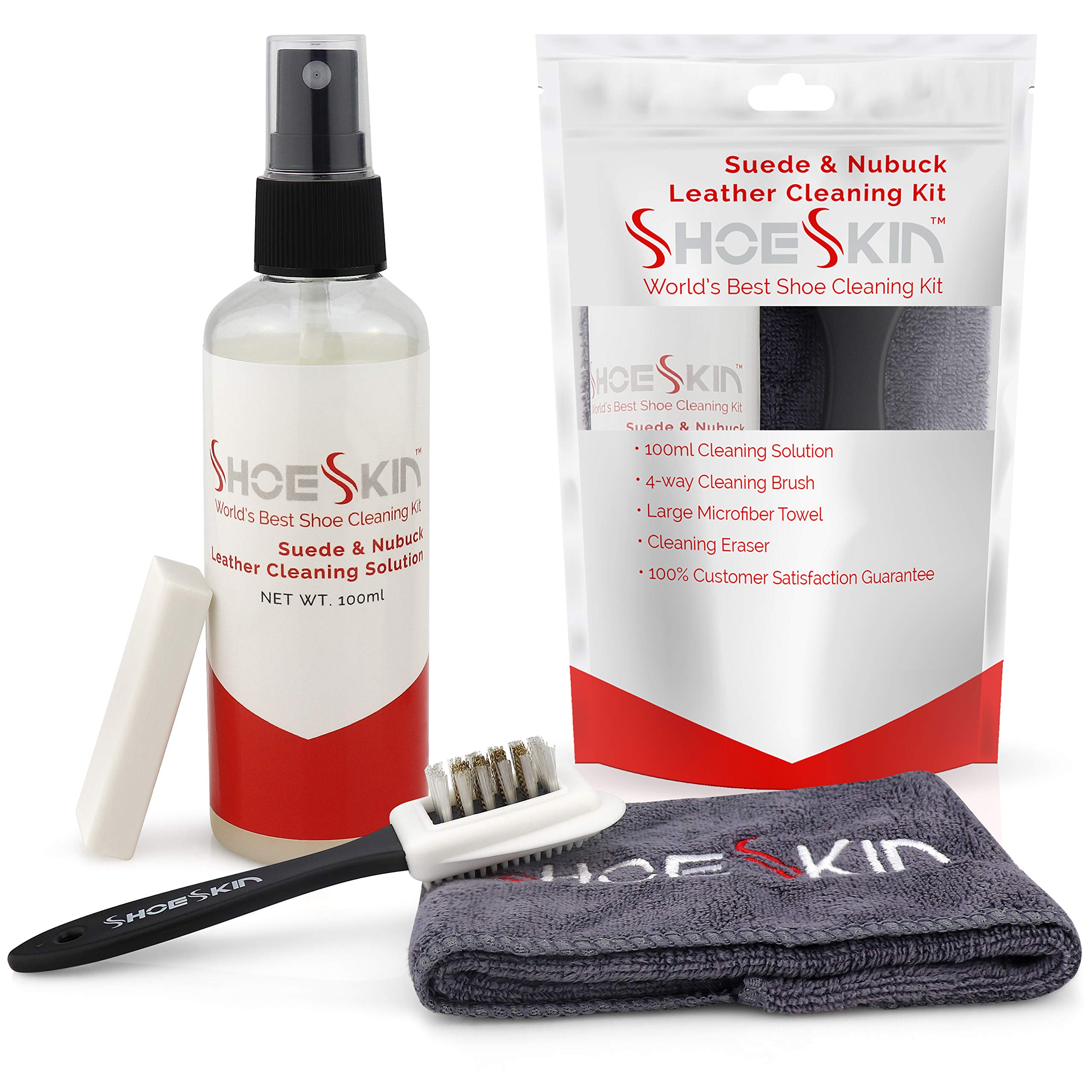 SHOESKINShoe Cleaner Kit - Works for Suede and Nubuck Leather Dress Shoes, Includes Non-Abrasive Brush, Microfiber Towel, Magic Cleaning Eraser, and Natural Cleaning Solution