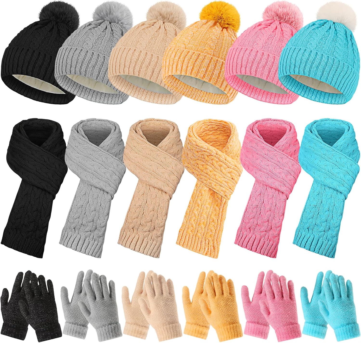 Shihanee 12/18 Pcs Kids Hat Scarf Gloves Winter Set Thick Thermal Beanie Hat with Pom Mittens Gift for Girls Boys Aged 5-10