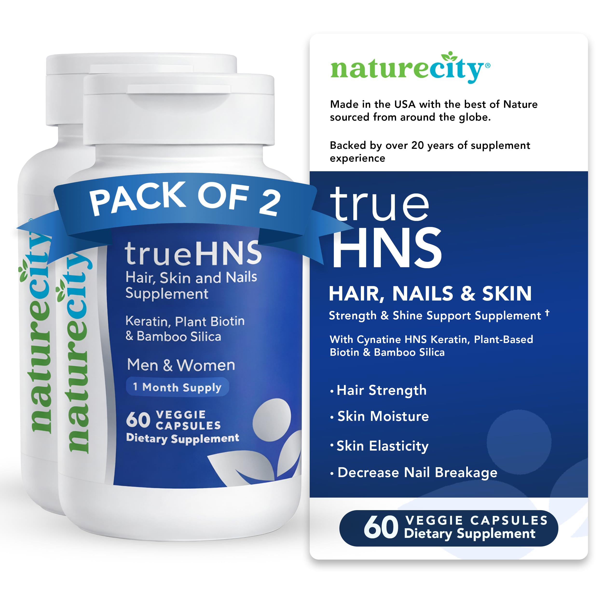 - True-HNS Hair Nails and Skin Cynatine Keratin and Plant Based Biotin Vitamin Supplement |Fuller and Stronger Hair and Nails|Non GMO| 120 Veggie Capsules