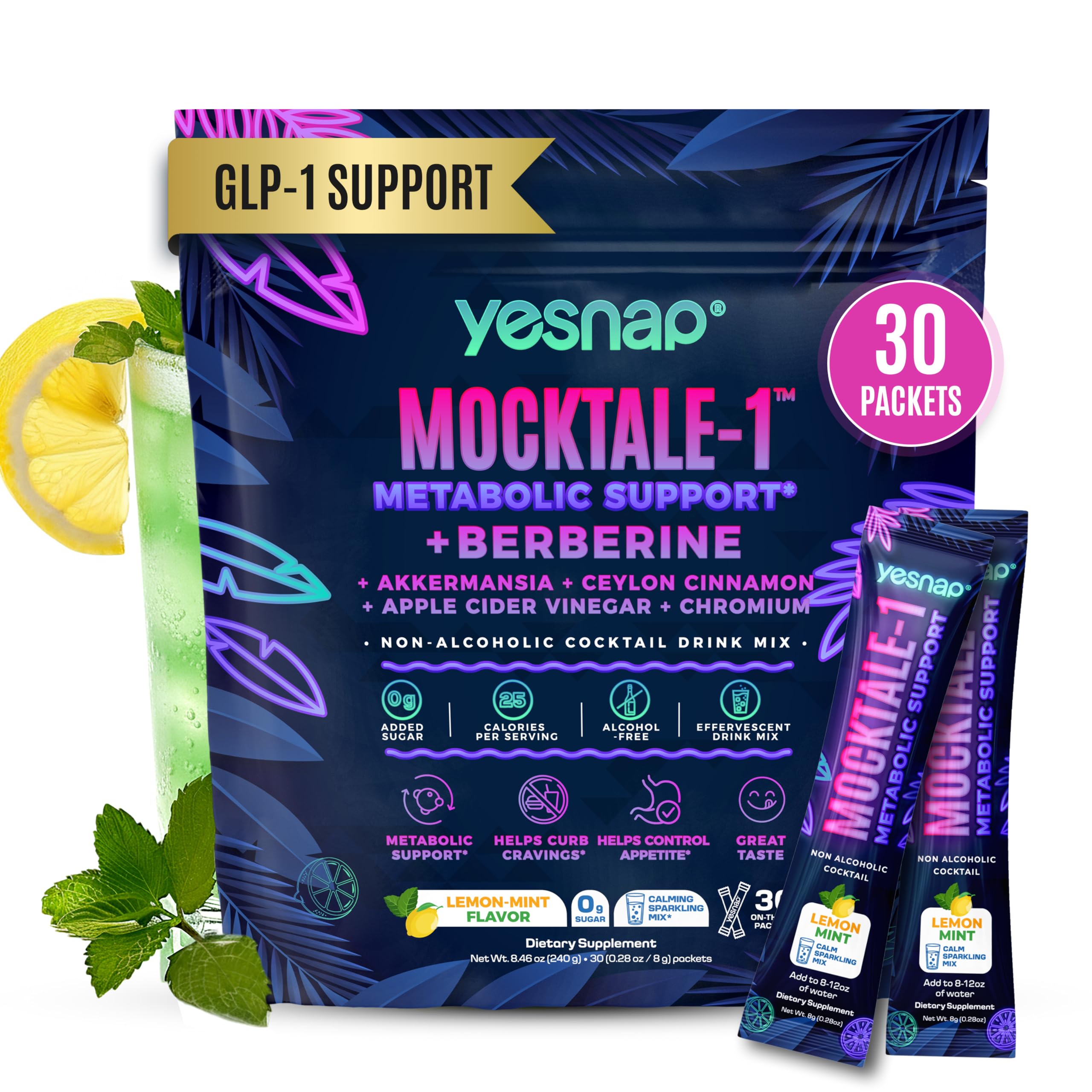 MOCKTALE-1 GLP-1 Supplement, Support Natural GLP 1 Production Drink for Weight Loss, Appetite Control &amp; Metabolic, with Berberine, Akkermansia, Ceylon Cinnamon, Lemon Mint Flavor, 30 Packets (Purple)