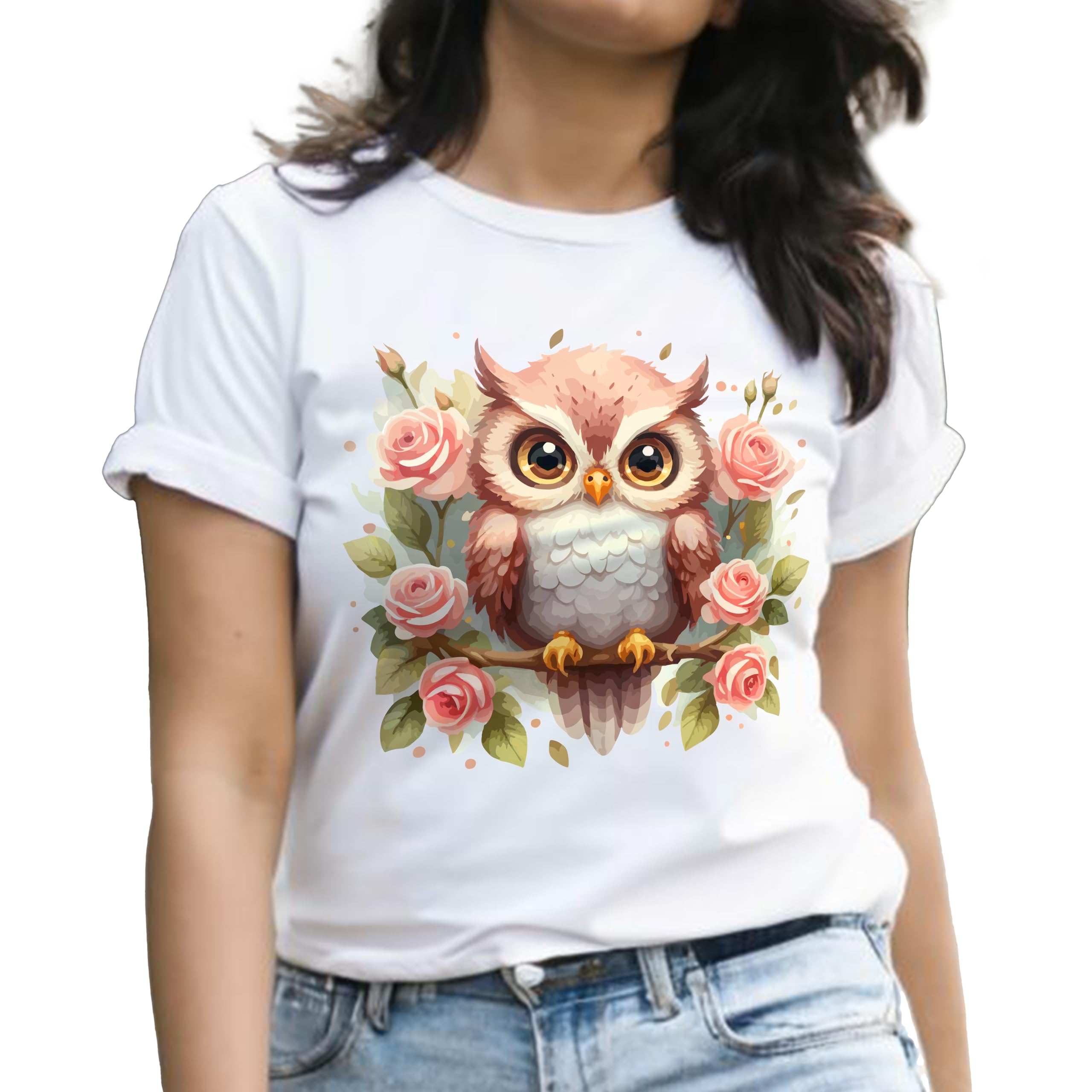 roman hills White Round Neck Half-Sleeve Cotton T-Shirt for Women Flower Owl-picture-44