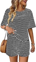 Conjunto Chándale Mujer Verano 2 Piezas Casual Pantalones Cortos y Top Camiseta Manga Corta Camiseta Manga Corta a Rayas Cuello Redondo Deportivo