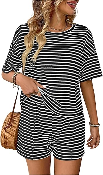 Conjunto Chándale Mujer Verano 2 Piezas Casual Pantalones Cortos y Top Camiseta Manga Corta Camiseta Manga Corta a Rayas Cuello Redondo Deportivo