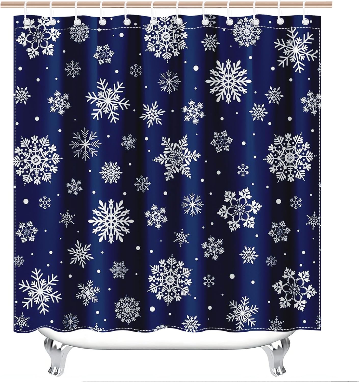 Mocsicka Christmas Snowflake Shower Curtain Set for Bathroom, 4Pcs Winter Snowflake Bathroom Sets with Non Slip Rugs, Toilet Lid Cover, Bath Mat, Shower Curtain, Bathroom Decor with 12 Hooks (Blue)