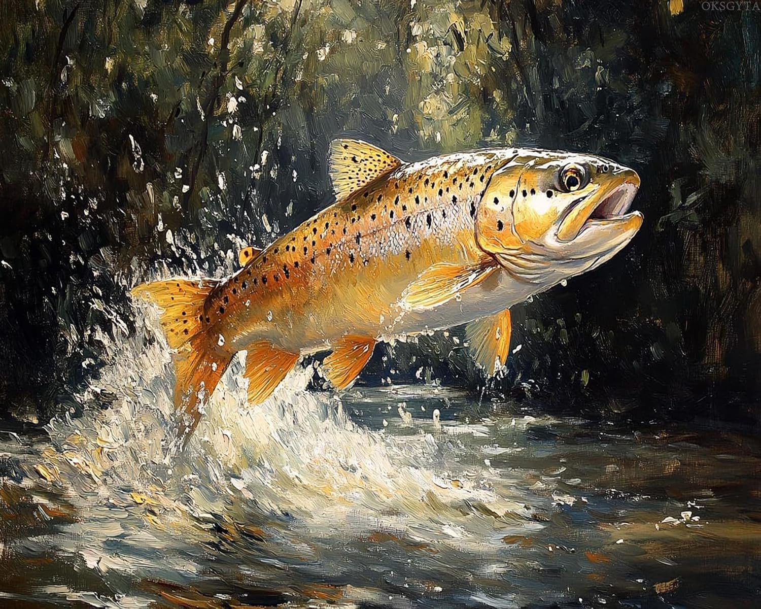 OKSGYTA Paint by Number for Adults, Trout Leaping in a Clear River, Oil Painting for Beginner, DIY Acrylic Painting Kit for Room Decor Gift 16x20 Inch No Frame