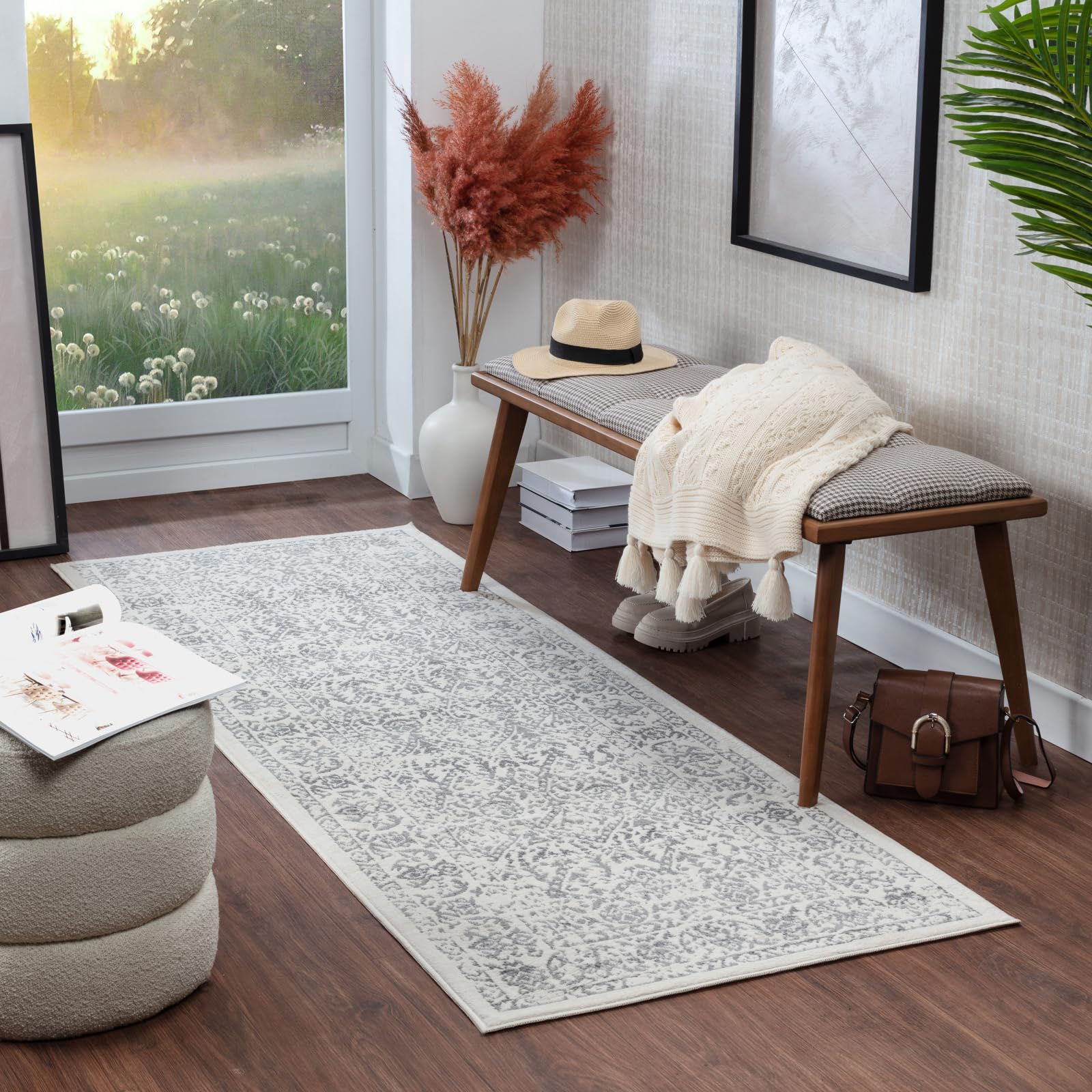 Livabliss Palermo Vintage - de Salon, Salle à Manger, Chambre, Cuisine - Boheme Chic, Design Traditionnel Oriental Multicolore, Coloré Poil Court 80x220 cm - Ivoire et Gris