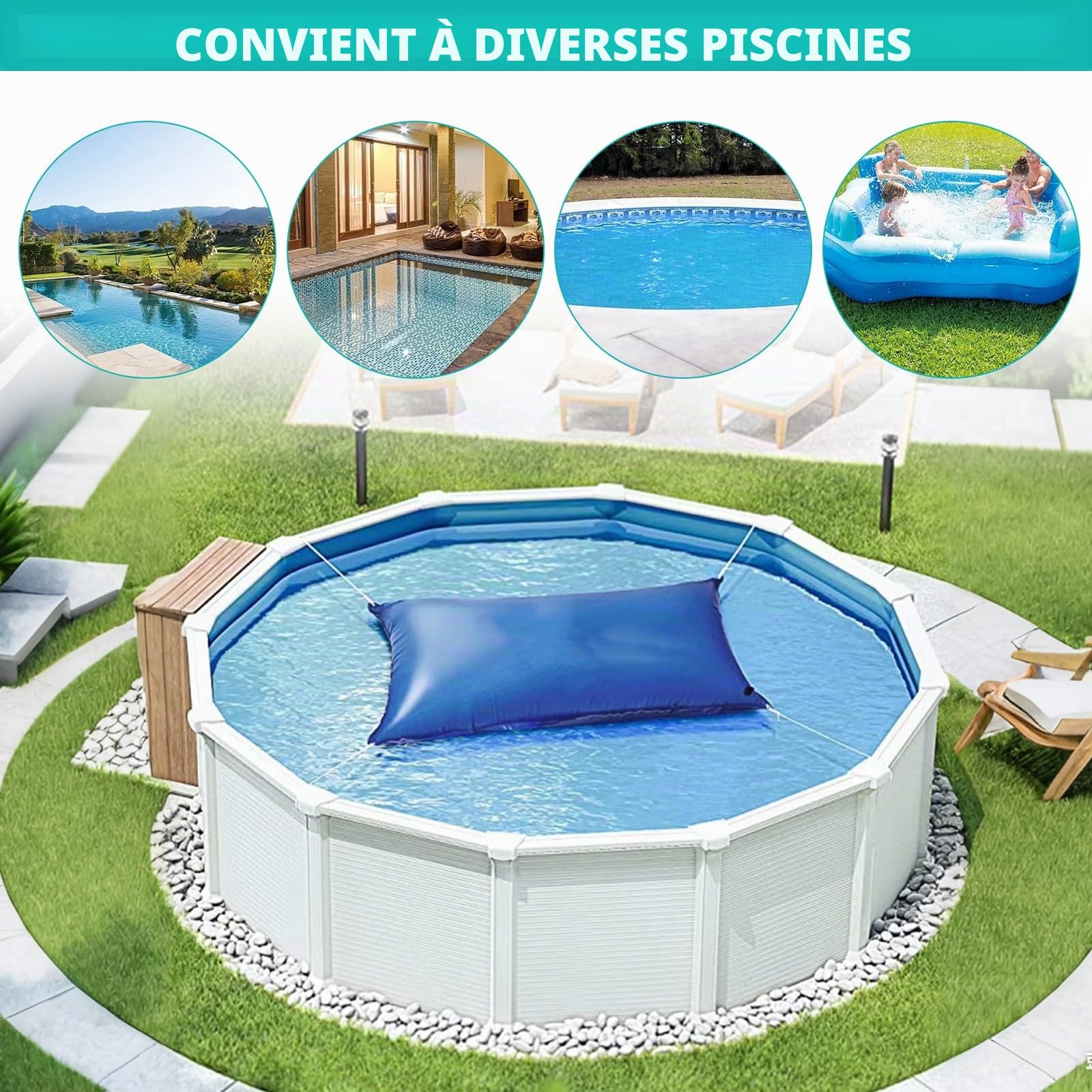 4M Coussin Gonflable de Piscine, Oreiller de Protection pour Bâche de Piscine Rectangulaire avec Double Couture, Valve de Sécurité &Corde 10 m, Coussin Gonflable de Piscine d'hivernage