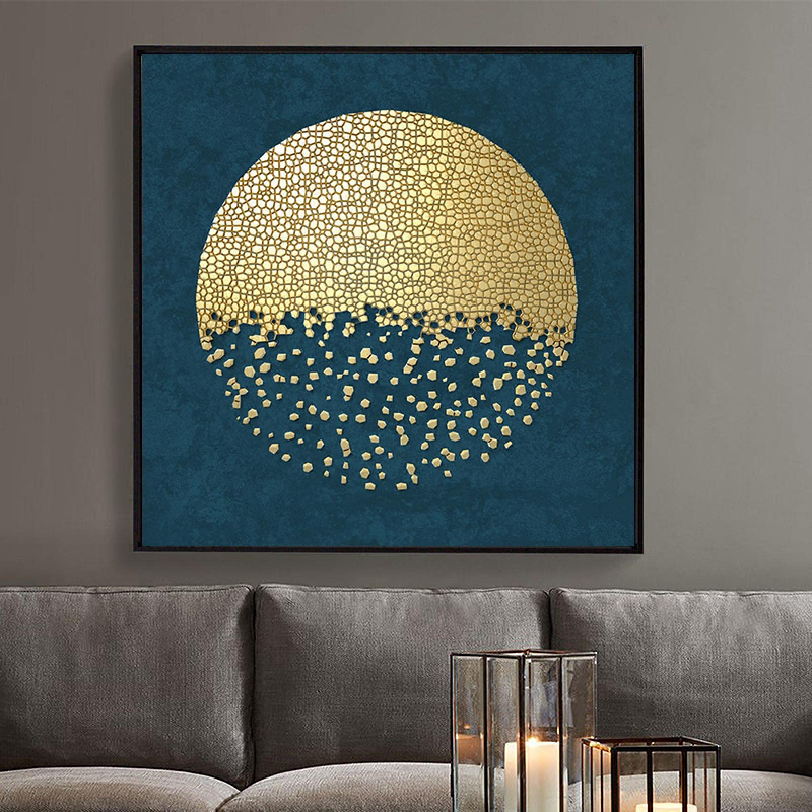 Toile mur art nordique abstrait or et bleu 70x70 cm sans cadre pour salon