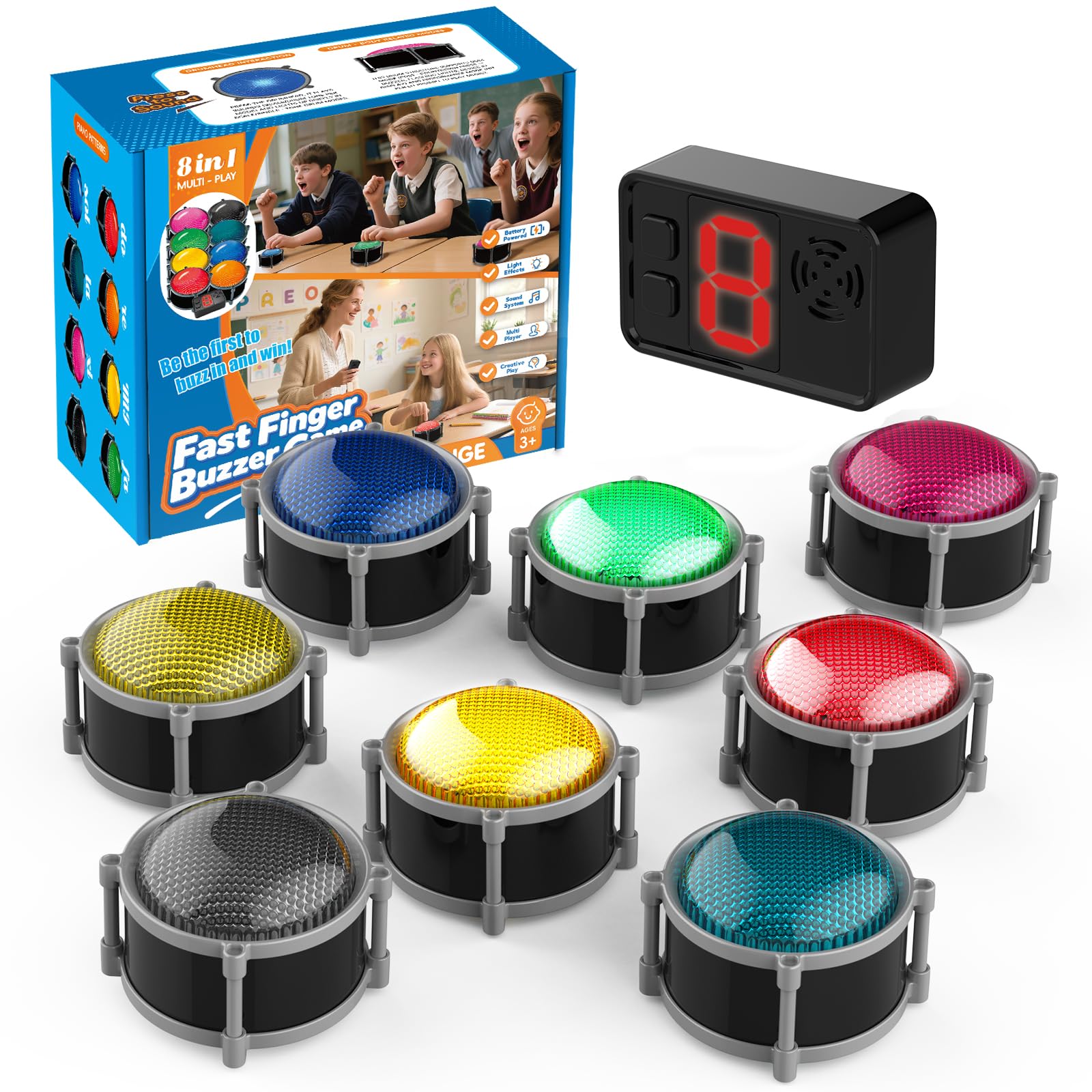 Photo 1 of Buzzers for Trivia Games, Rechargeable Answer Buzzers for Classroom with Light, Show Who Buzzed First, 3-Second Auto Reset Buzzer System for Game Show, School, Jeopardy, Family Feud Night (8 Colors)