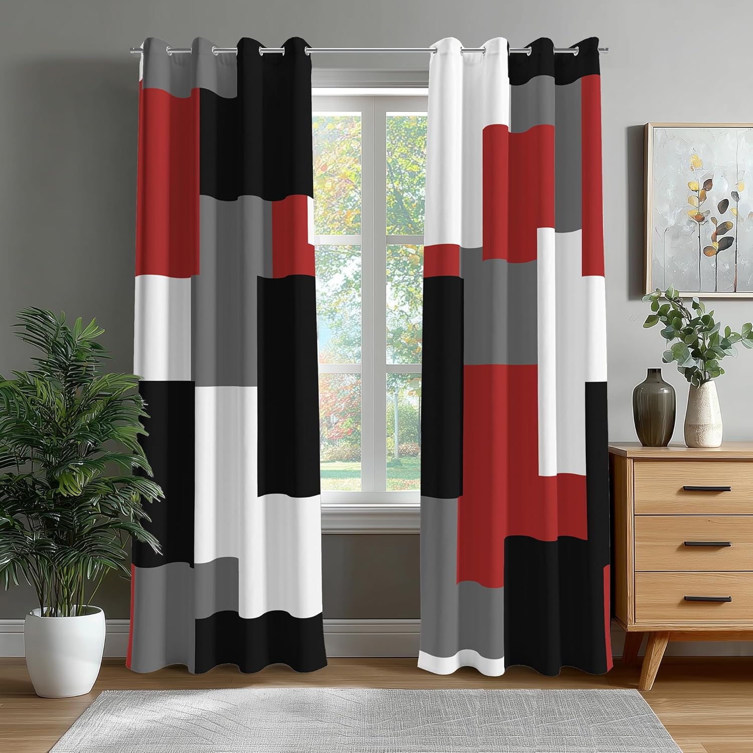 Blackout Curtains for Bedroom Red and White Black Out Curtains for Living Room Modern Abstract Geometric Room Darkening Window Drapes, (52 x 84 - Inch,Red Plaid)