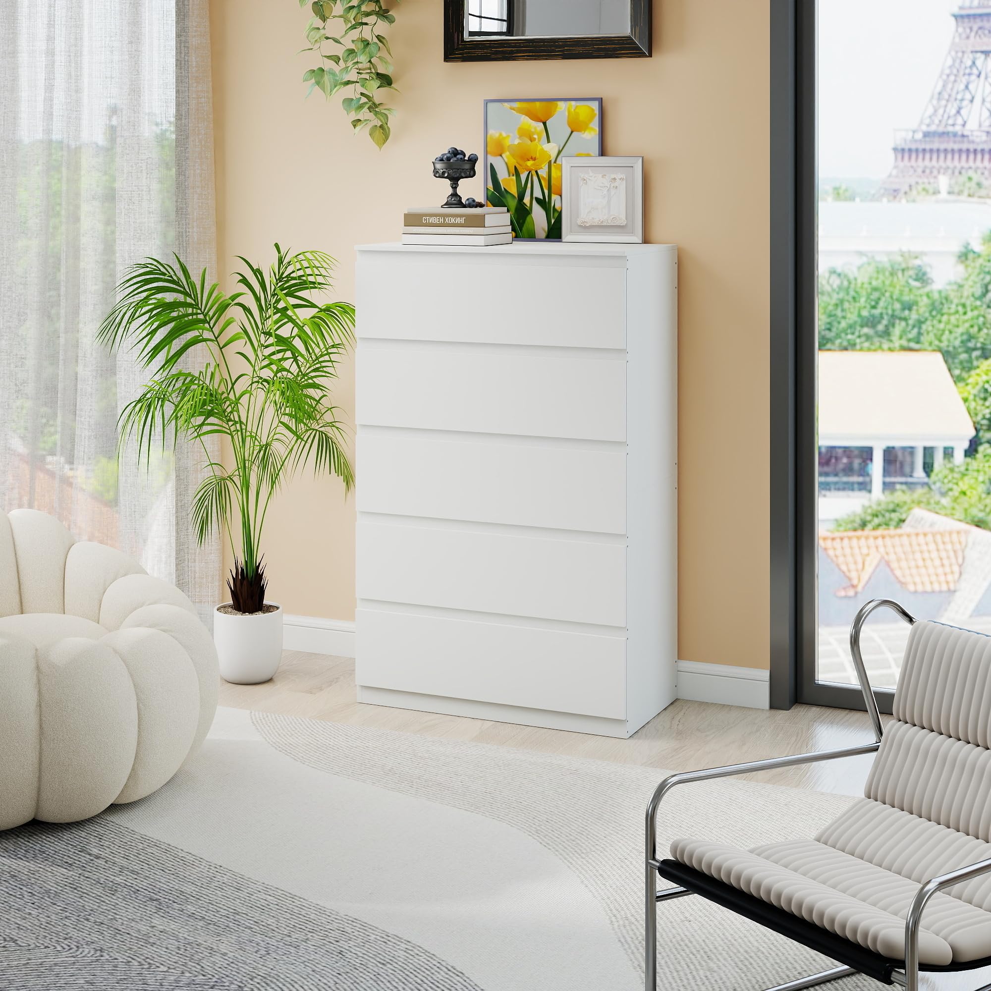 Cajonera con 5 Cajones, Ancho 60 cm, Comoda Dormitorio Blanca, Sinfonier Dormitorio, para Dormitorio, Salón, Oficina y Recibidor, 60x40x121 cm (A x F x A)