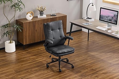 Miniatura 2 de VINGLI Cómoda silla de escritorio de piel negra, ergonómica de respaldo alto, silla de juegos para computadora con o sin ruedas, doble base, altura