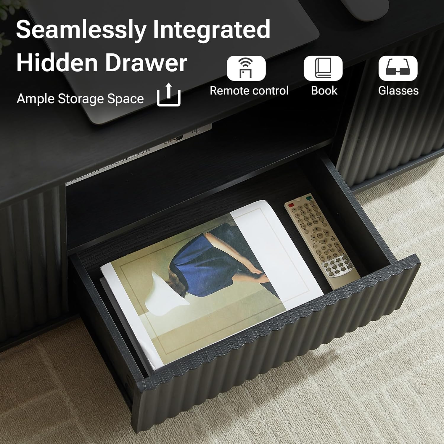 46.5'' Wooden Coffee Table with Fluted Design, Modern Farmhouse Accent Center Sofa Oval Table with 1 Drawer + 2 Hidden Storage Cabinets + Open Shelf for Living Room, Offices (Black)