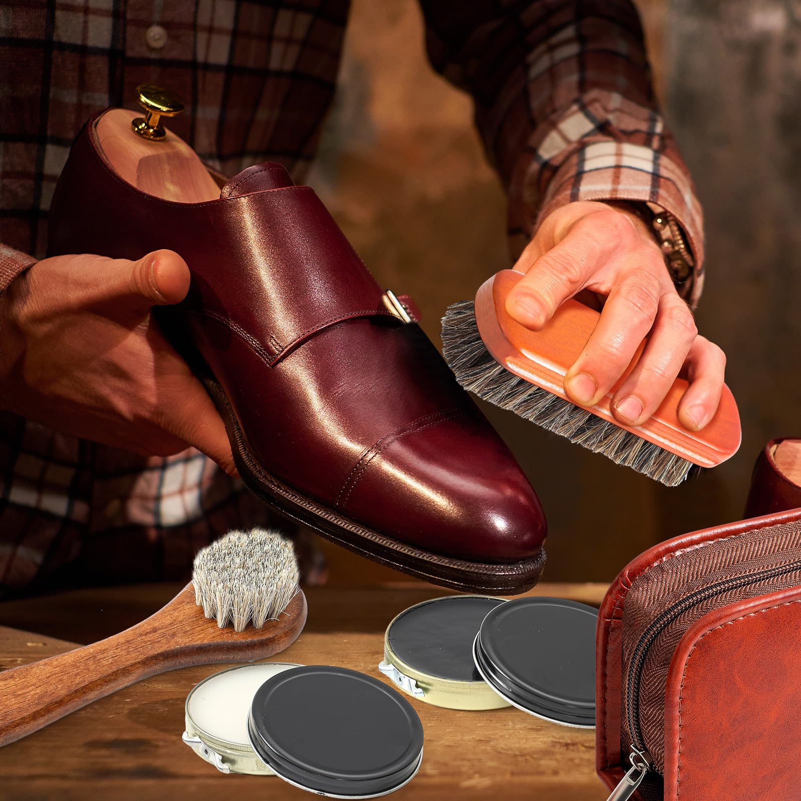 Kit de esmalte de zapatos para hombre, 7 piezas, kit de brillo de zapatos negro, kit portátil de cuidado de botas de cuero para limpieza con bolsa de almacenamiento de poliuretano